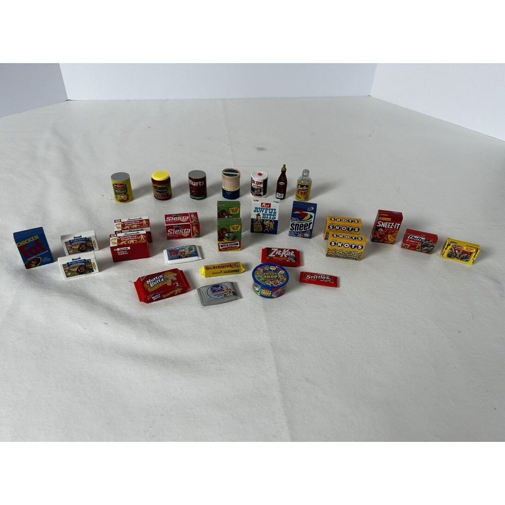 Lot of 28 Zuru Mini "Mock" Brands Dollhouse Foods, Snacks, Candy, Drinks